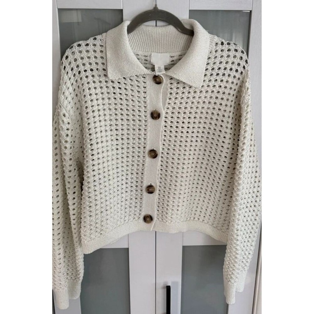 H&M Cream Open Knit Crochet Look Tortoise Button Cardigan Collared Sweater M